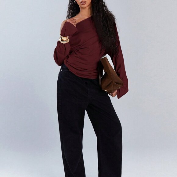 burgundy Casual Women's Asymmetric Collar Drawstring Top - Picture 4 of 7